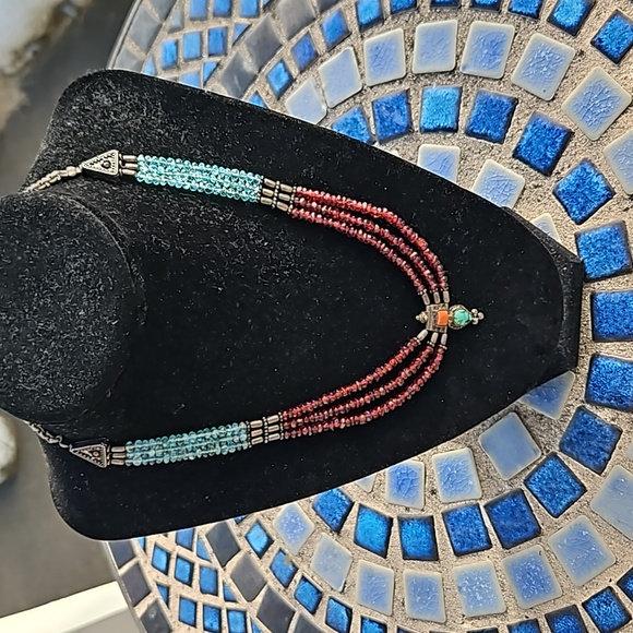 925 Sterling Silver Green Red Glass Beaded Coral/Turquoise Pendant - Picture 1 of 4